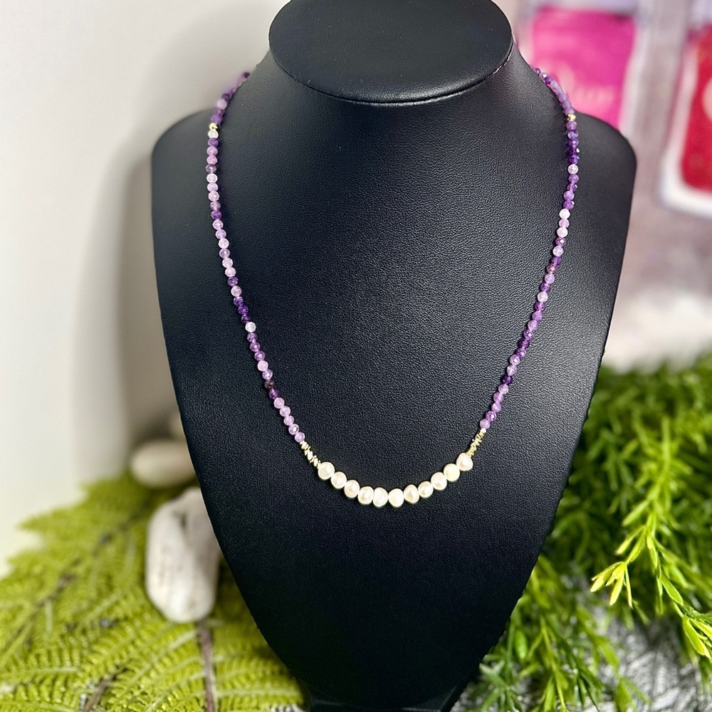 925 Sterling Silver Natural Lepidolite & Natural Freshwater Pearl Necklace